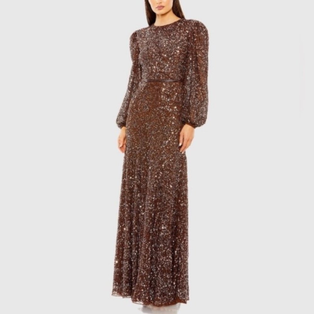 NWT Mac Duggal Brown Sheer Long Sleeve Embellished Gown 93902 sz 10